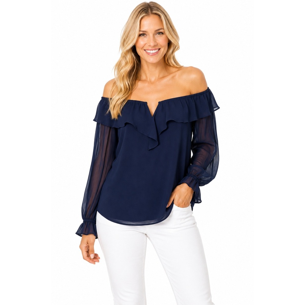 Harper New York Blouse Womens S Navy Blue Cold Shoulder Ruffle Chiffon Sheer Top